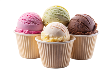 Four Scoops of Assorted Ice Cream Flavors in Beige Paper Cups Isolated on White Background A I G E N E R A T E D - P N G isolated on a transparent background