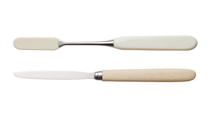 Fototapeta premium Set of two kitchen knives with plastic and wooden handles, isolated on white background.