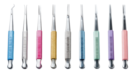 Set of colorful dental tools on a white isolated background.