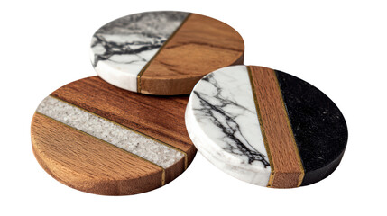 Set of stylish coasters featuring marble and wood, perfect for adding elegance to any table setting.