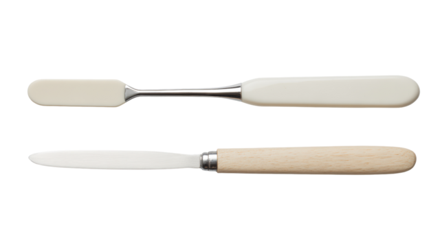 Set of two kitchen knives with plastic and wooden handles, isolated on white background.