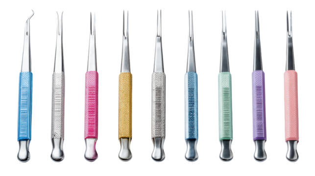 Set of colorful dental tools on a white isolated background.