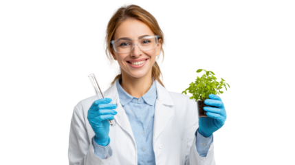 Smiling scientist holding a test tube and a plant, isolated on a white background.