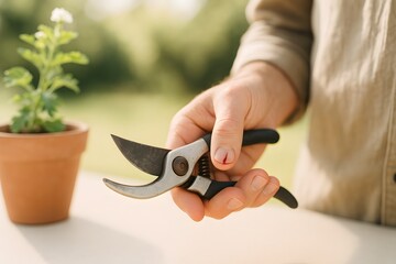 Gardener holding pruning shears with potted plant in garden  