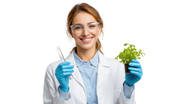 Smiling scientist holding a test tube and a plant, isolated on a white background.