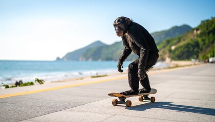 chimpanzé habillé debout sur un skateboard sur un trottoir en bord de mer 3
