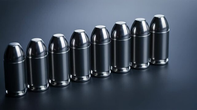 Ammunition lined up, showcasing firearm bullets ready for use, representing defense
