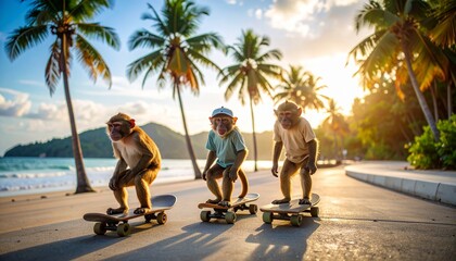 Fototapeta premium trois singes sur des skateboard en bord de plage 7