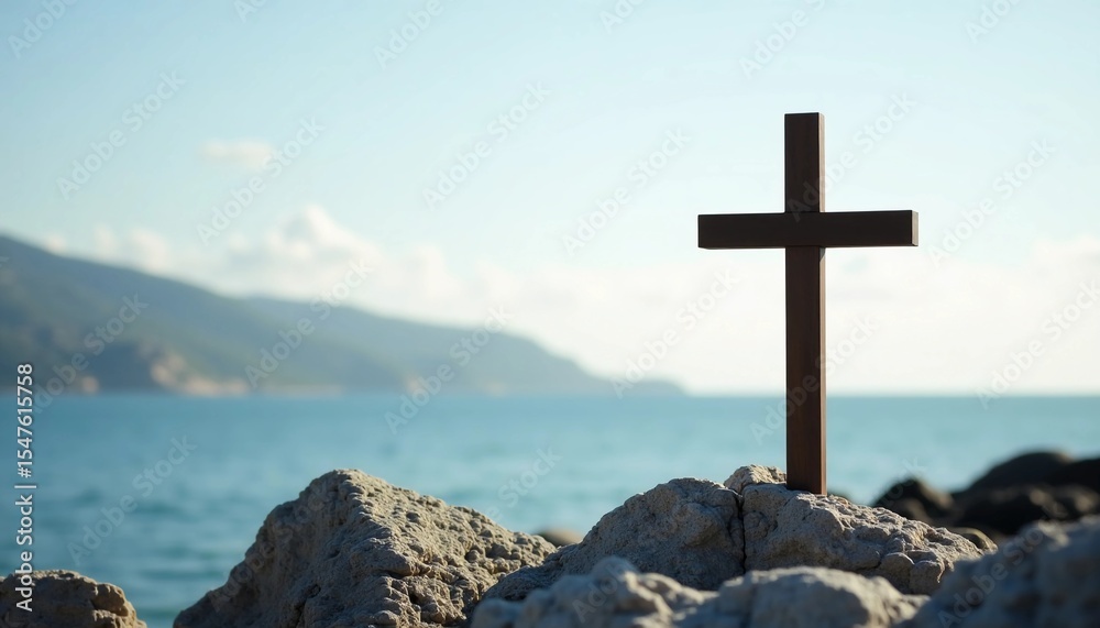Poster a wooden cross stands majestically on weathered rocks near the sea, with gentle waves lapping at the