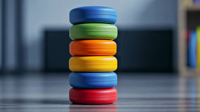 colorful wooden stacking rings on a playful floor setting