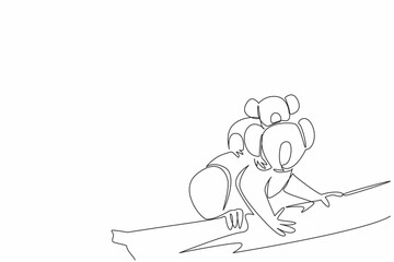 Single continuous line drawing Koala walking on a tree branch while carrying her baby. Moving to find food. Struggling. The marsupial. International Wild Koala Day. One line design vector illustration