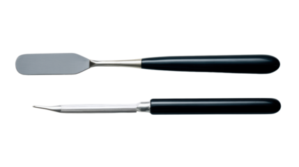 Two stainless steel kitchen utensils, a spatula and a knife, on a white background.