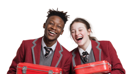 Two smiling students with lunchboxes, dressed in school uniforms, isolated on a white background.