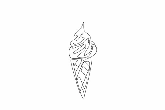 Single one line drawing vanilla ice cream cone topped with melted chocolate. Enjoy in the park. On the beach. In the summer. National Chocolate Custard Day. Continuous line design graphic illustration - Powered by Adobe