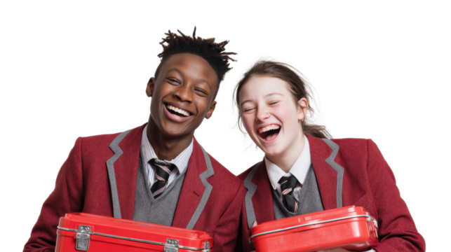 Two smiling students with lunchboxes, dressed in school uniforms, isolated on a white background.