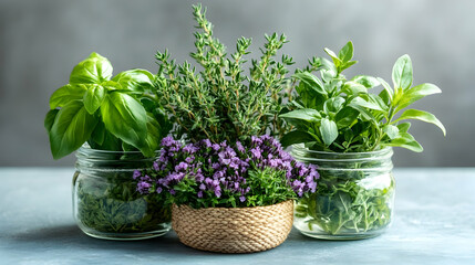 Fototapeta premium Fresh herbs in glass jars basil, thyme, oregano, and a purple flowering plant. A beautiful and healthy culinary image perfect for cooking blogs, recipe websites, or health and wellness publications.