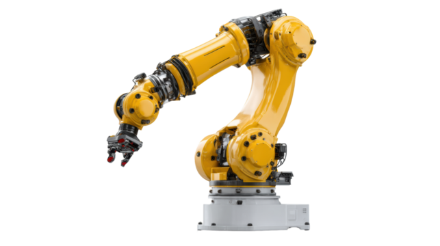 Yellow robotic arm with advanced features against white isolate background.