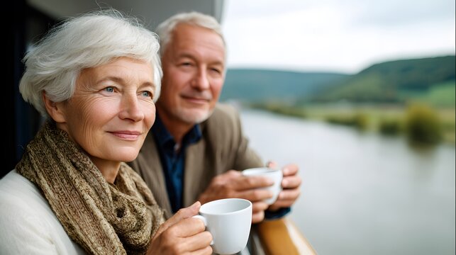 Senior couple celebrating retirement vacation river cruise through Europe sipping tea deck beautiful countryside reflection slow travel experience front relaxed view white background cut out isolated