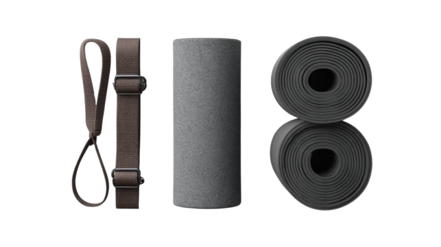 Yoga equipment including mats and straps on a white isolated background.