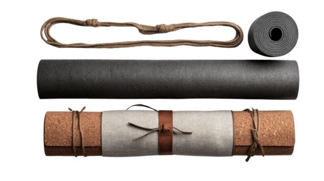 Yoga mats in a stacked arrangement, showcasing a blend of materials and textures on a white isolate background.