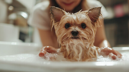 Cute small dog enjoys bath time with bubbles and playful owner in a cozy indoor setting during afternoon