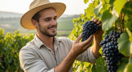 A young man in a straw hat smiles while inspecting ripe red grapes in a vineyard.