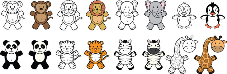 Stuffed Animal Collection: An array of cheerful stuffed animal illustrations, each with unique personality, creating a fun and inviting scene for children.