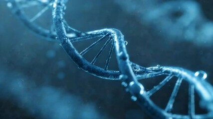 Blue spinning DNA strand and fluid particles. Biotechnology, human genome, laboratory research, genetic and medical science concept - Powered by Adobe