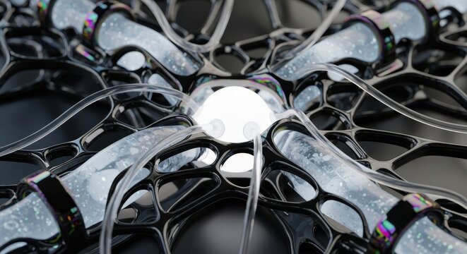 Abstract futuristic network with glowing core and fluid filled tubes representing data flow - Powered by Adobe