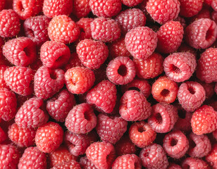 Fresh ripe raspberries piled together creating a colorful and vibrant texture for food enthusiasts and health-conscious individuals