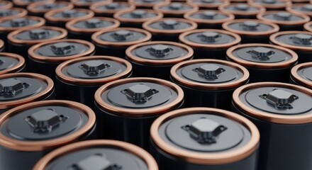 Close up view of many cylindrical batteries representing energy and power technology