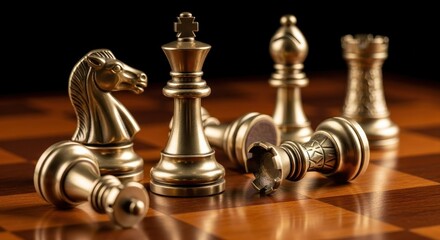 Bronze chess pieces on a wooden board with a fallen queen symbolizing defeat