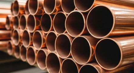 Stack of shiny copper pipes for industrial and plumbing applications