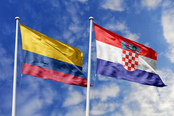 Flags of Colombia and Croatia Waving Together Against a Vibrant Blue Sky, Symbolizing Diplomatic Ties and Shared International Interests