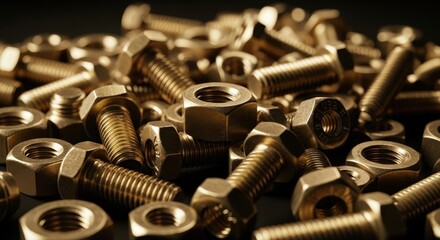 Close up of a heap of shiny golden brass bolts and nuts for construction