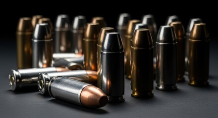 Close up of various types of bullets and ammunition on a dark surface