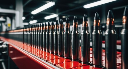 Obraz premium Ammunition bullets moving on a production line in a modern industrial factory