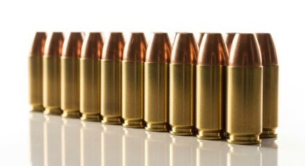 A row of golden bullets with copper tips standing upright on a white reflective surface.