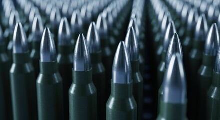Rows of military rifle bullets with metallic tips and green casings, close up view