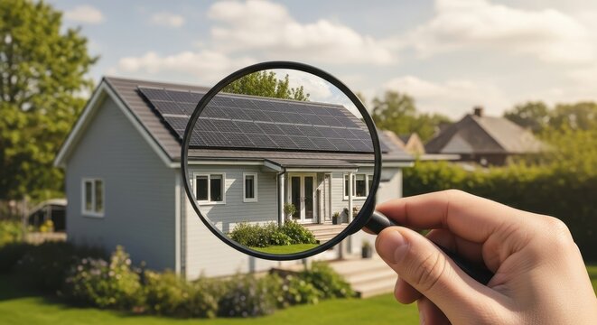 Magnifying glass focusing on a house with solar panels, symbolizing sustainable energy.