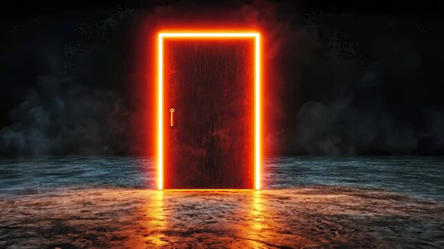 glowing door in a dark environment