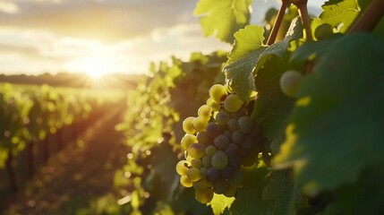 Golden sunset over vineyard with grapes