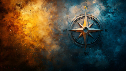 A weathered metallic compass rose etched onto a richly textured, dark blue and gold background.  Perfect for concepts of adventure, direction, and exploration.