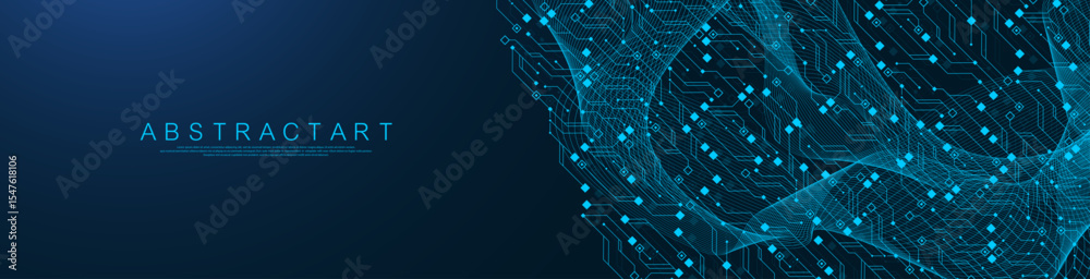 Fototapete Artificial Intelligence or machine learning vector design. Quantum computer technology concept with circuit board and motherboard texture background design. Waves flow quantum explosion