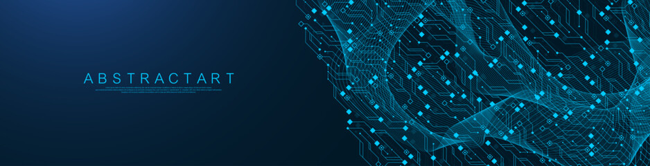 Artificial Intelligence or machine learning vector design. Quantum computer technology concept with circuit board and motherboard texture background design. Waves flow quantum explosion