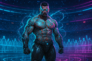 Cybernetic Warrior in Neon Combat Arena – Futuristic Digital Power