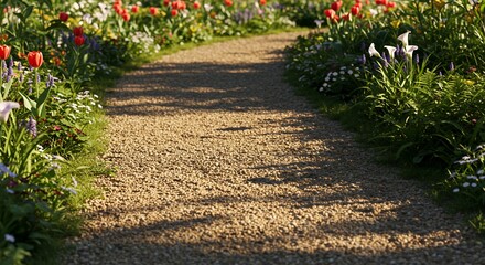 Sun-Dappled Gravel Path Winding Through a Vibrant Spring Garden