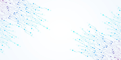 Artificial Intelligence or machine learning vector design. Quantum computer technology concept with circuit board and motherboard texture background design. Waves flow quantum explosion
