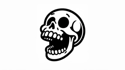 Animated dried human skull laughs cheerfully in monochrome style. Simple minimalistic video in black ink drawing on white background