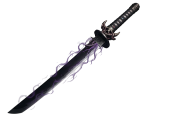 A black sword with a skull handle and purple lightning strikes sits against a dark background